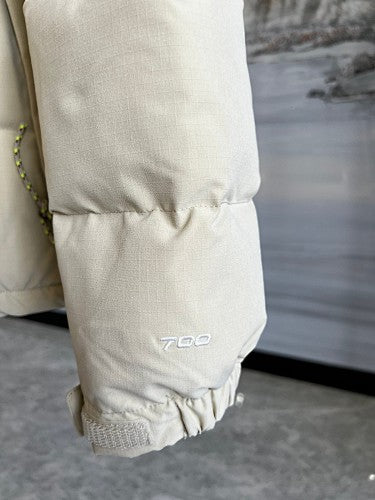 The North Face Cream White Nuptse 700-Fill Down Puffer Jacket with Brown Colorblock