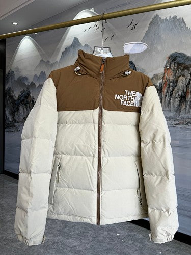 The North Face Cream White Nuptse 700-Fill Down Puffer Jacket with Brown Colorblock