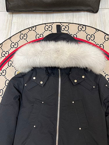 Moose Knuckles Black Bomber Down Jacket with White Fur-Trimmed Hood