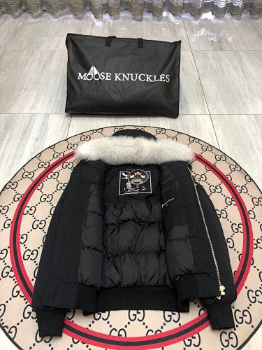Moose Knuckles Black Bomber Down Jacket with White Fur-Trimmed Hood