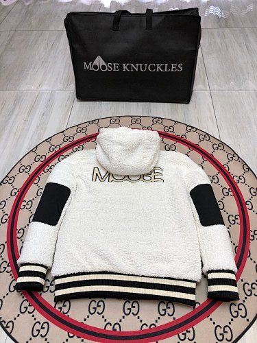 Moose Knuckles White Sherpa Hooded Zip Jacket with Tote Bag