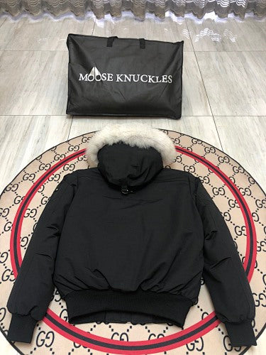 Moose Knuckles Black Bomber Down Jacket with White Fur-Trimmed Hood