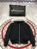 Moose Knuckles Black Bomber Down Jacket with White Fur-Trimmed Hood