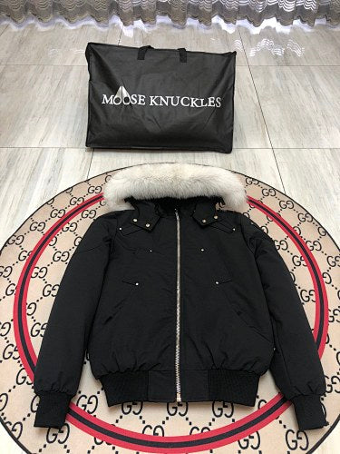 Moose Knuckles Black Bomber Down Jacket with White Fur-Trimmed Hood
