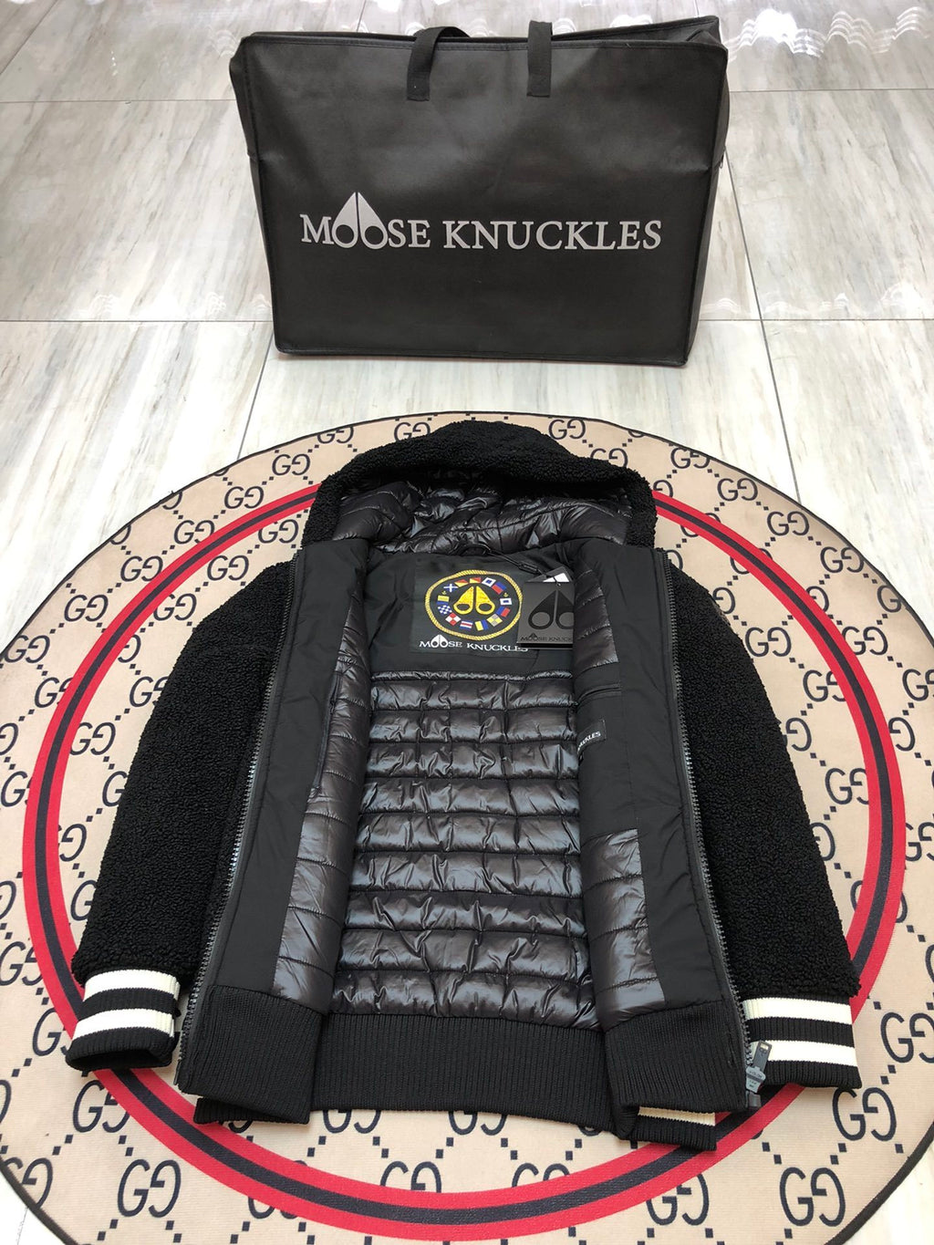 Moose Knuckles White Sherpa Hooded Zip Jacket with Tote Bag