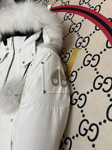 Moose Knuckles Red Bomber Down Jacket with White Fur-Trimmed Hood