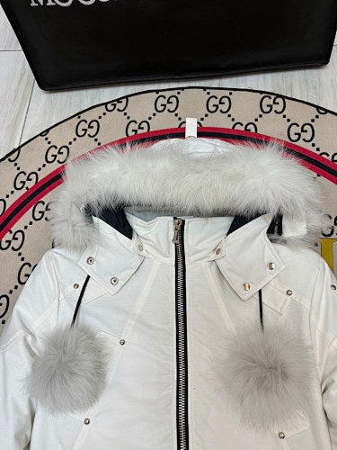 Moose Knuckles Red Bomber Down Jacket with White Fur-Trimmed Hood