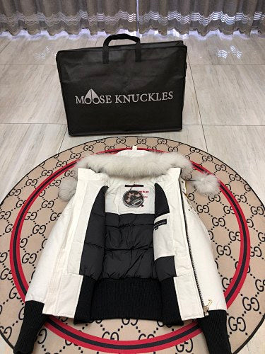 Moose Knuckles Red Bomber Down Jacket with White Fur-Trimmed Hood