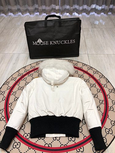 Moose Knuckles Red Bomber Down Jacket with White Fur-Trimmed Hood