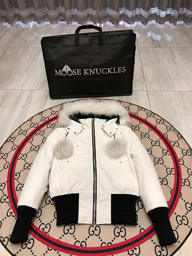 Moose Knuckles Red Bomber Down Jacket with White Fur-Trimmed Hood