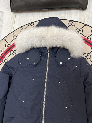 Moose Knuckles Navy Bomber Down Jacket with White Fur-Trimmed Hood