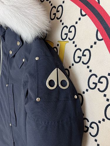 Moose Knuckles Navy Bomber Down Jacket with White Fur-Trimmed Hood
