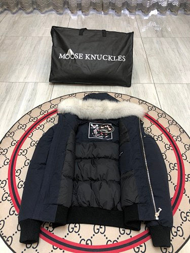Moose Knuckles Navy Bomber Down Jacket with White Fur-Trimmed Hood
