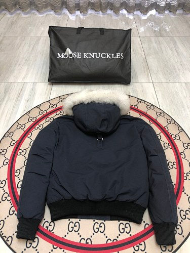 Moose Knuckles Navy Bomber Down Jacket with White Fur-Trimmed Hood