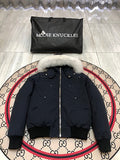 Moose Knuckles Navy Bomber Down Jacket with White Fur-Trimmed Hood