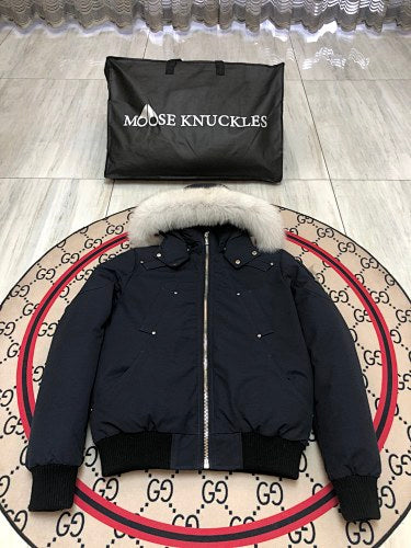 Moose Knuckles Navy Bomber Down Jacket with White Fur-Trimmed Hood