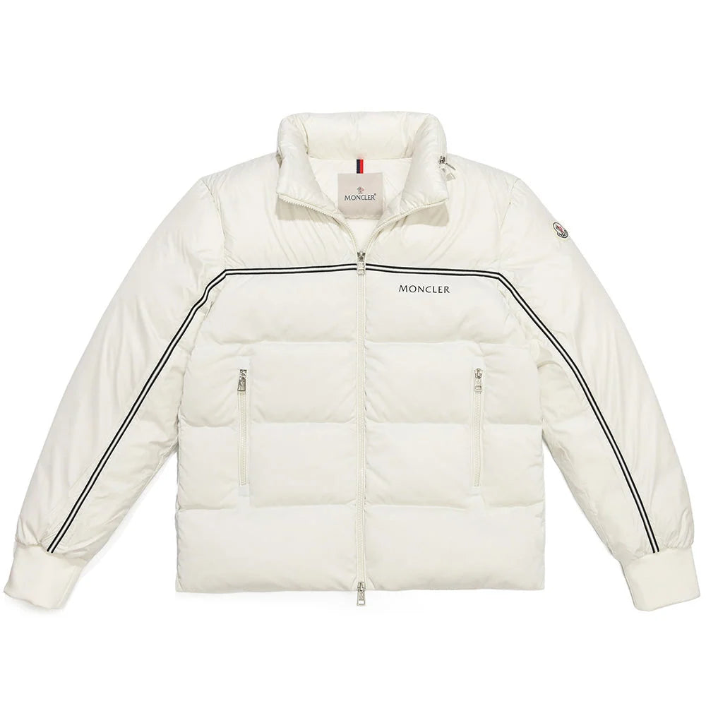 Moncler White Striped Logo Down Puffer Jacket