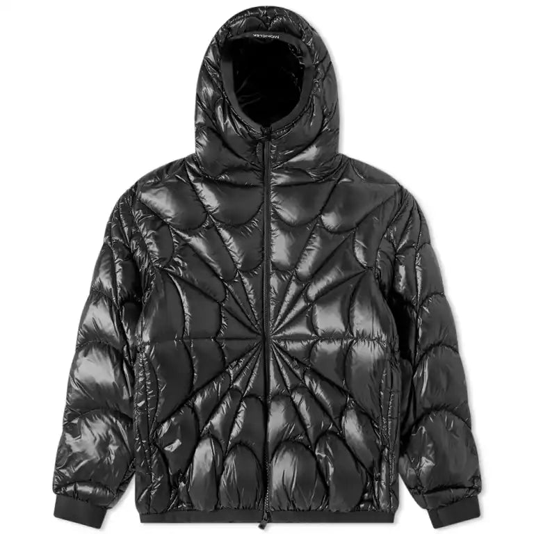 Moncler Black Spider-Web Quilted Glossy Hooded Down Jacket