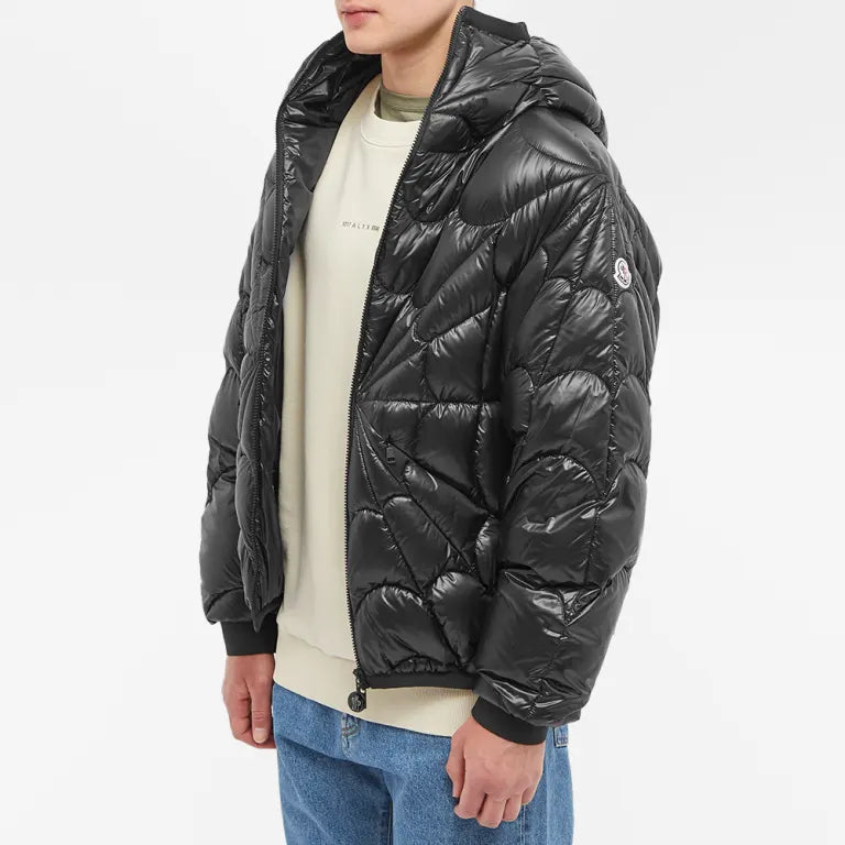 Moncler Black Spider-Web Quilted Glossy Hooded Down Jacket