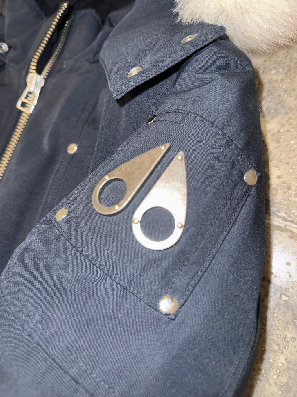 Moose Knuckles Navy White-Fur Hooded Ballistic Bomber Jacket