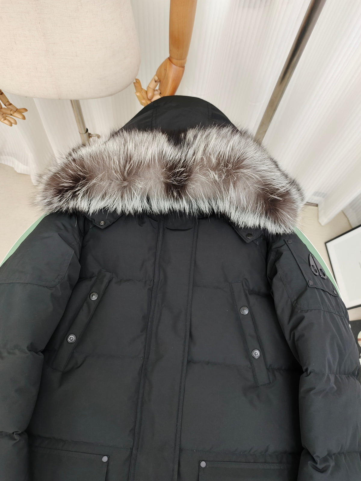 Moose Knuckles Black Long Down Parka with Fur-Trimmed Hood