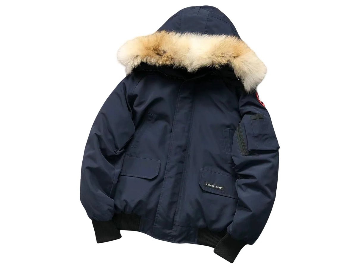 Canada Goose Navy Blue Chilliwack Bomber Down Jacket with Fur Hood