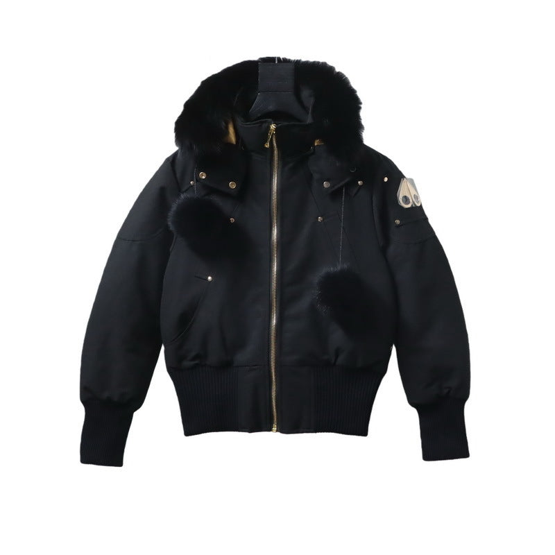 Moose Knuckles Black Fur-Trim Hooded Ballistic Bomber Jacket