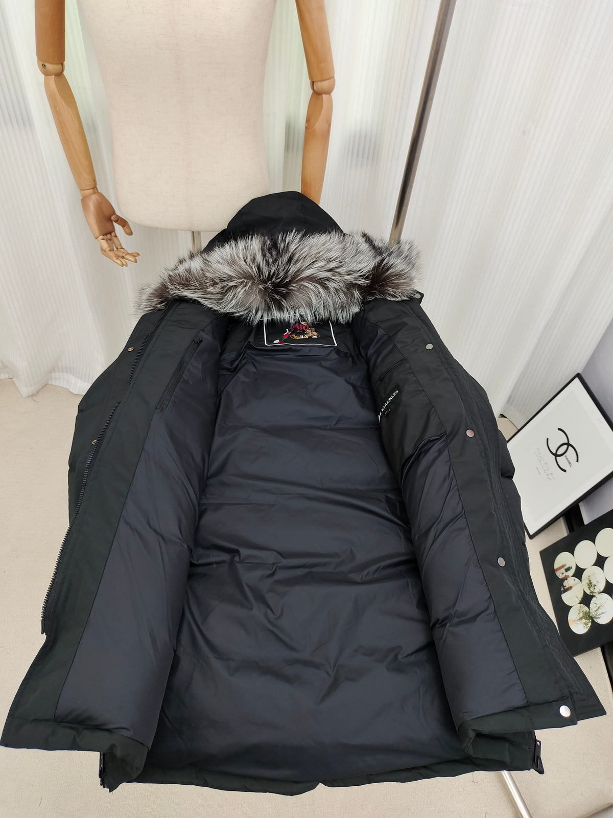 Moose Knuckles Black Long Down Parka with Fur-Trimmed Hood