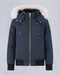 Moose Knuckles Navy White-Fur Hooded Ballistic Bomber Jacket