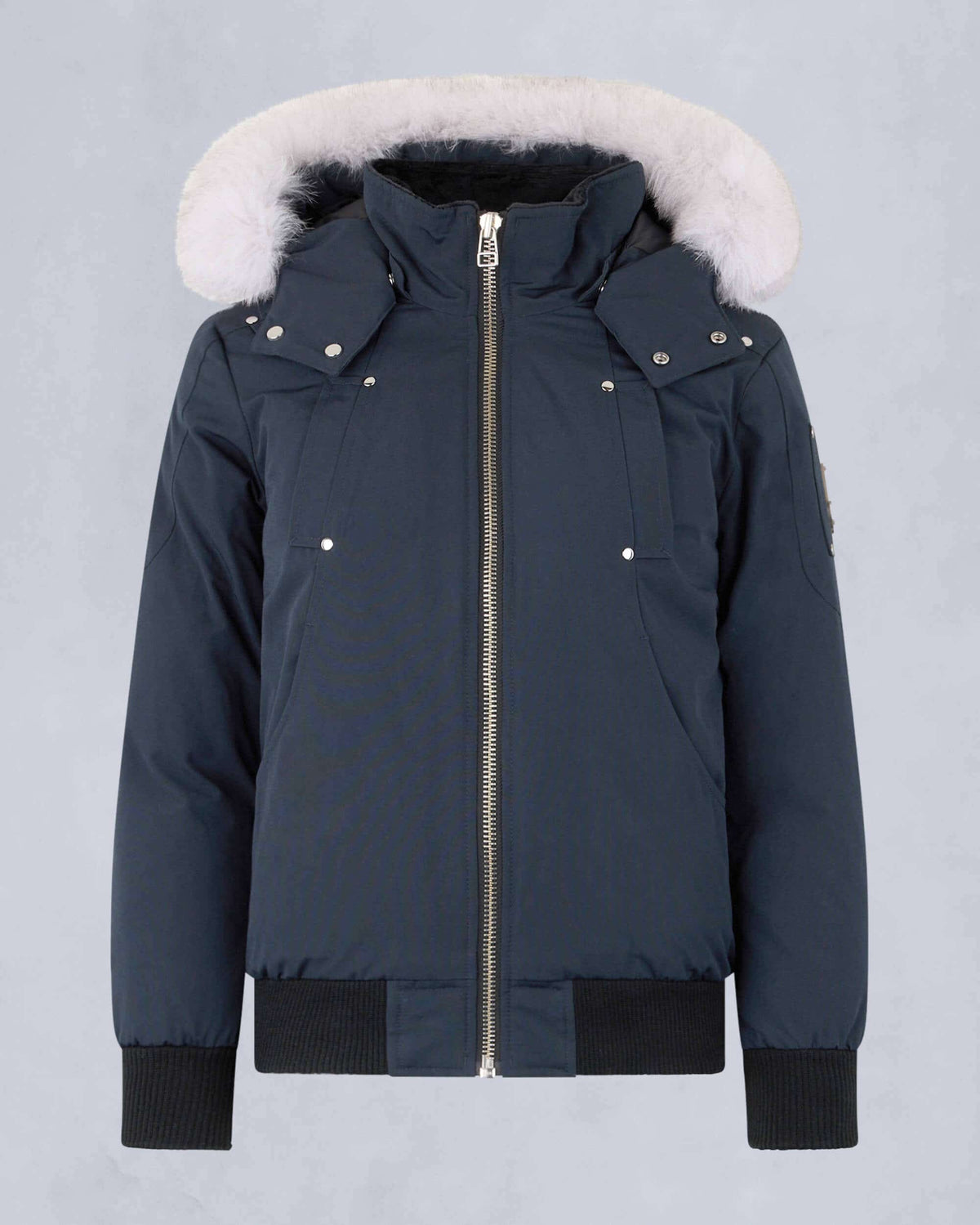 Moose Knuckles Navy White-Fur Hooded Ballistic Bomber Jacket