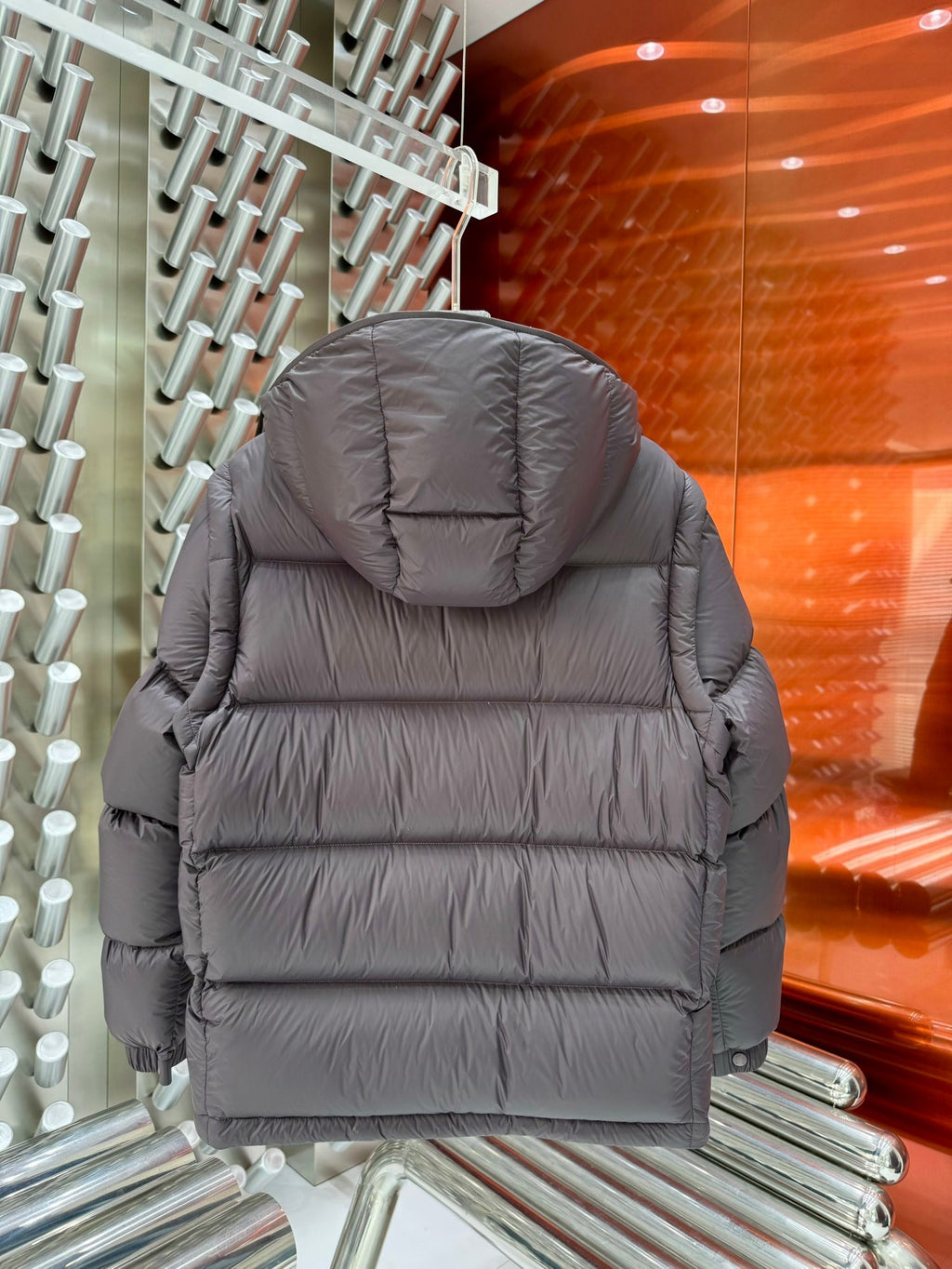Moncler Dark Brown Down Puffer Jacket with Light Blue Hood
