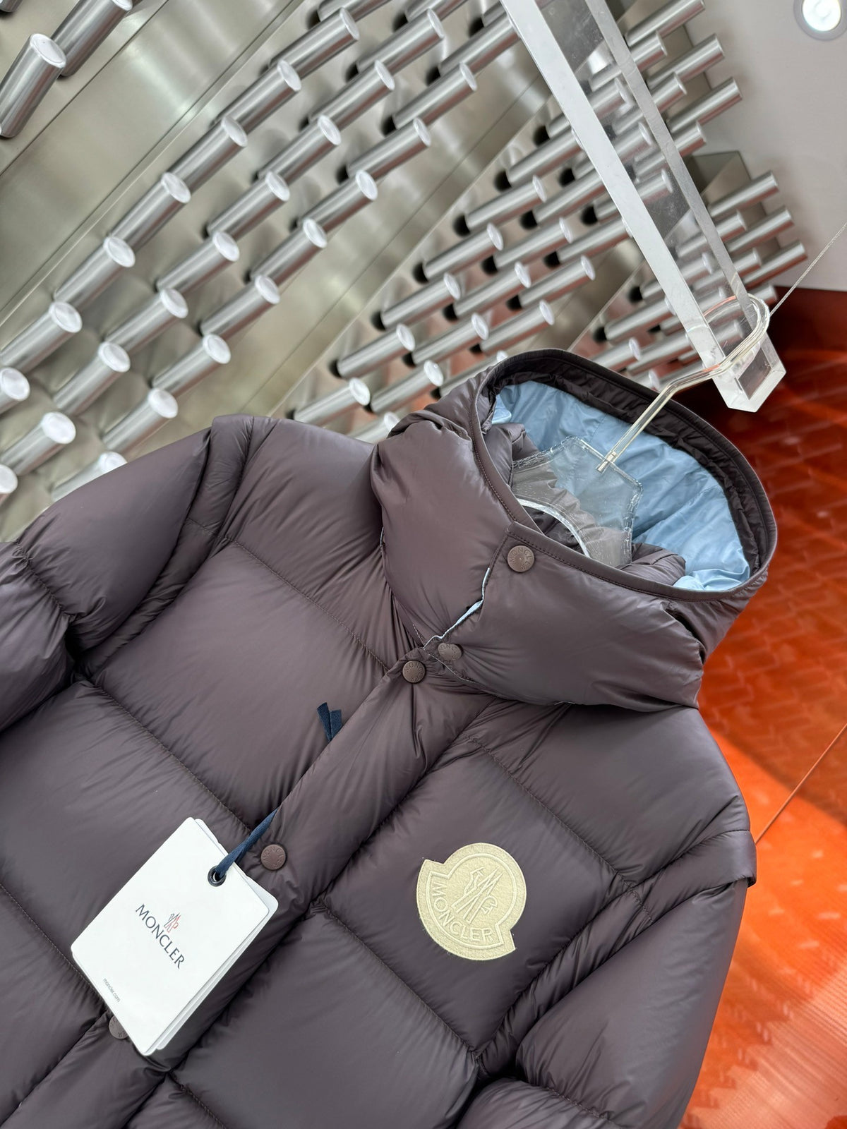 Moncler Dark Brown Down Puffer Jacket with Light Blue Hood