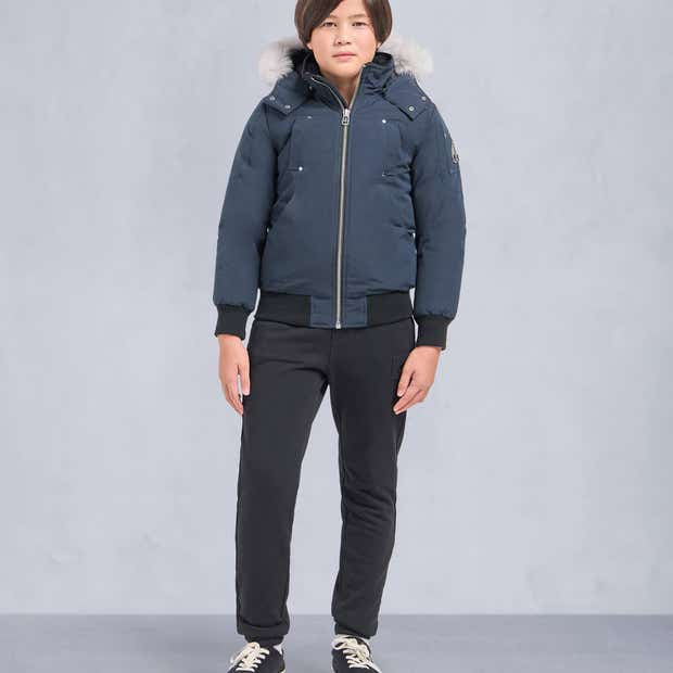 Moose Knuckles Navy White-Fur Hooded Ballistic Bomber Jacket