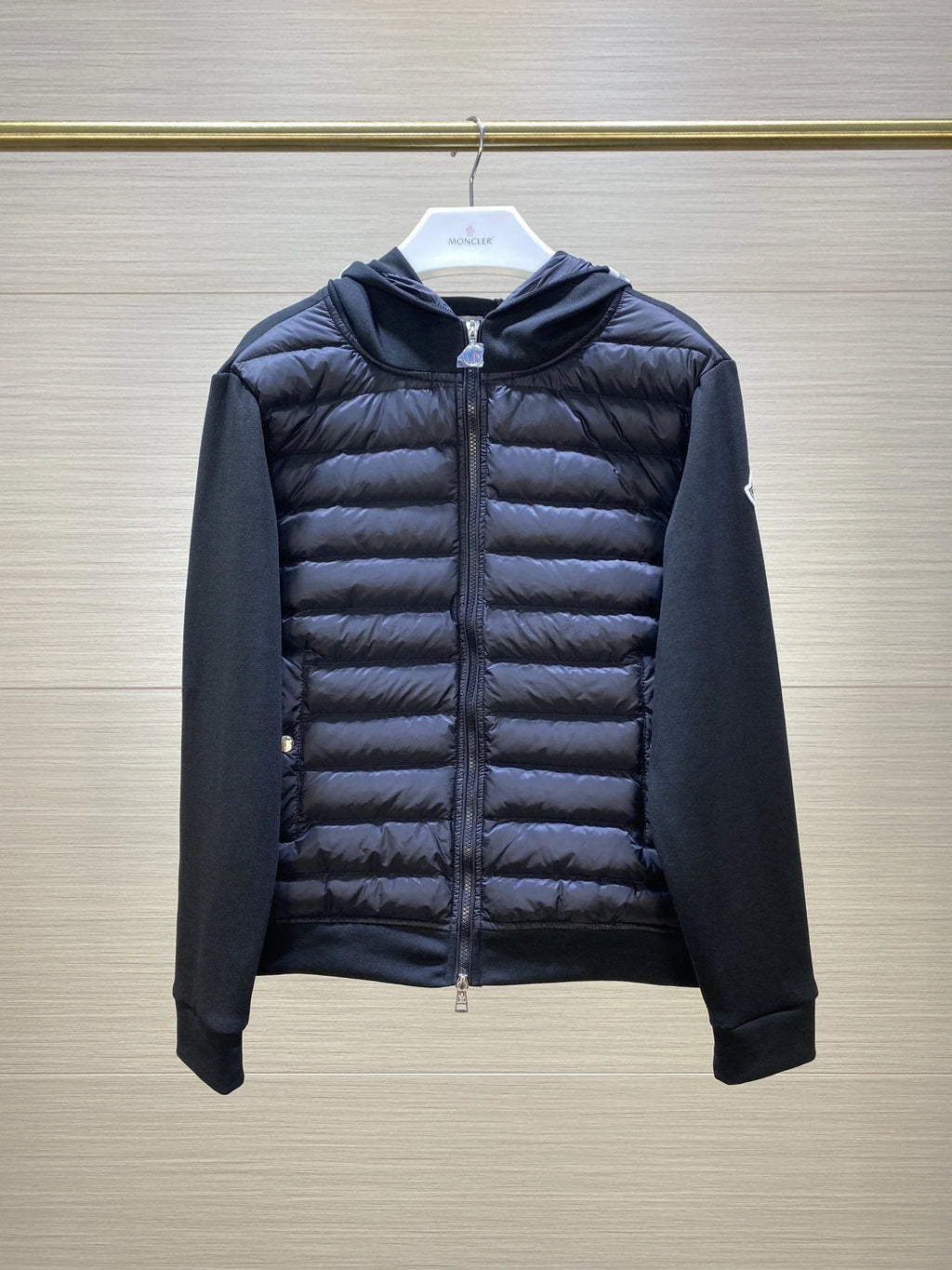 Moncler Black Hybrid Down-Front Knit Hooded Cardigan Jacket