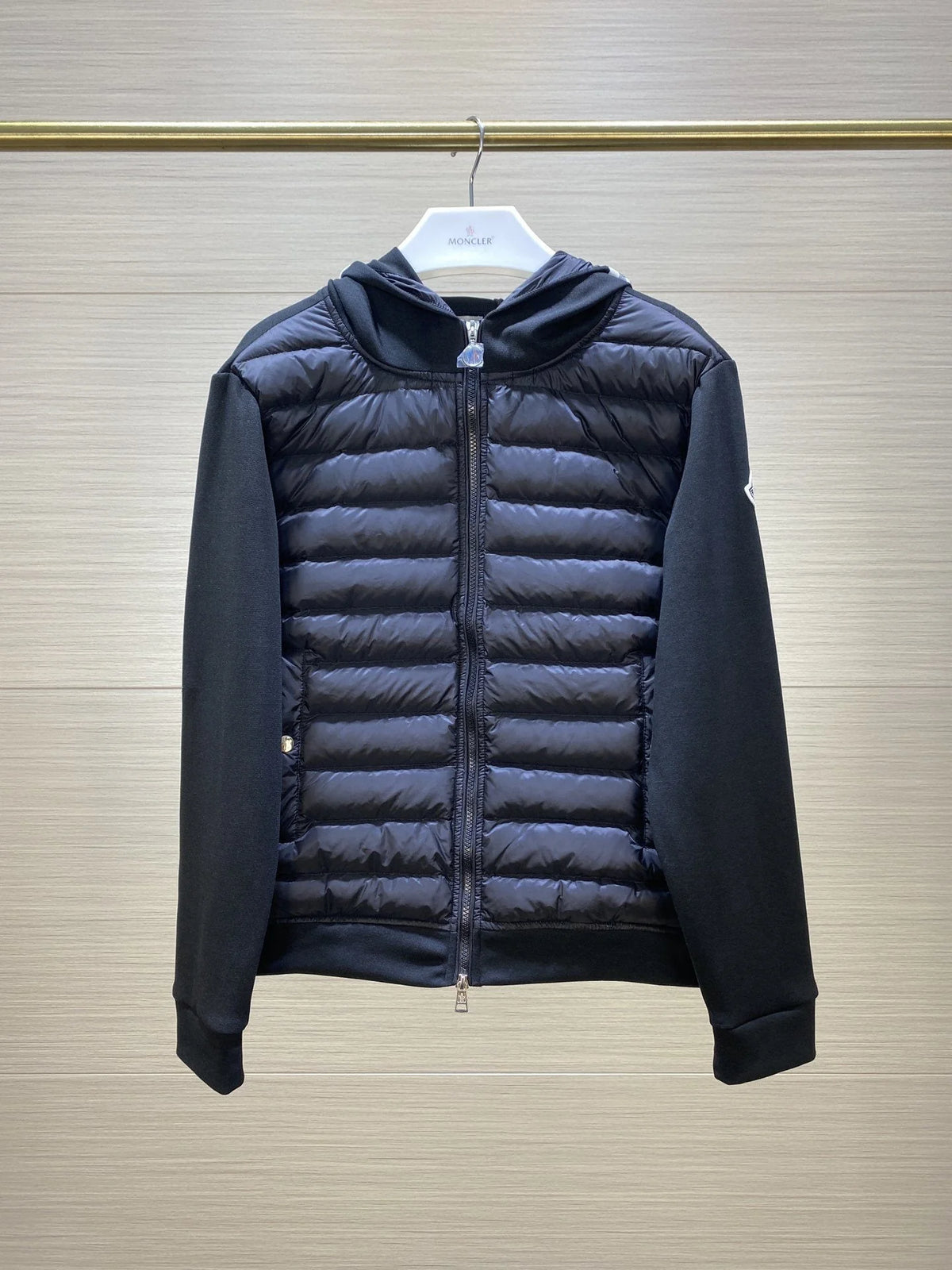 Moncler Black Hybrid Down-Front Knit Hooded Cardigan Jacket