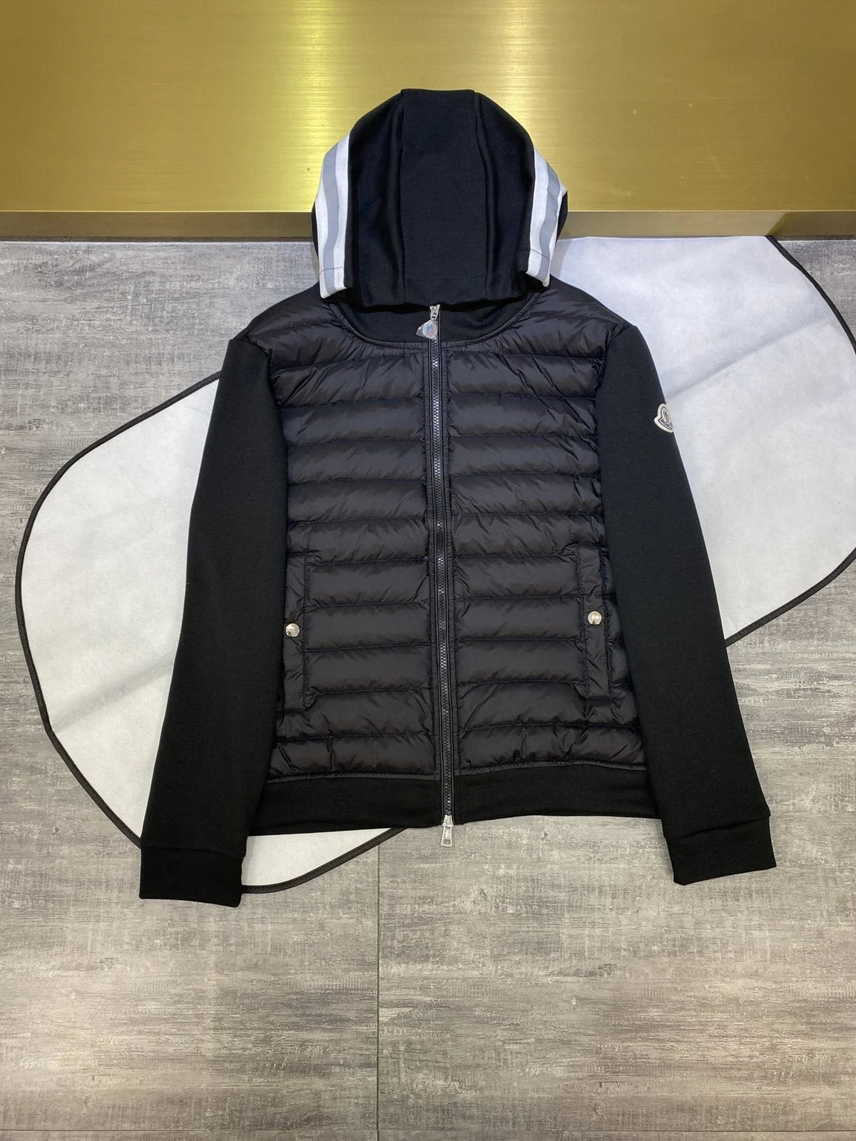 Moncler Black Hybrid Down-Front Knit Hooded Cardigan Jacket
