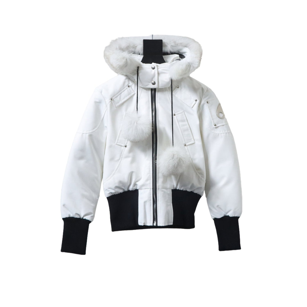 Moose Knuckles White Fur-Trim Hooded Ballistic Bomber Jacket