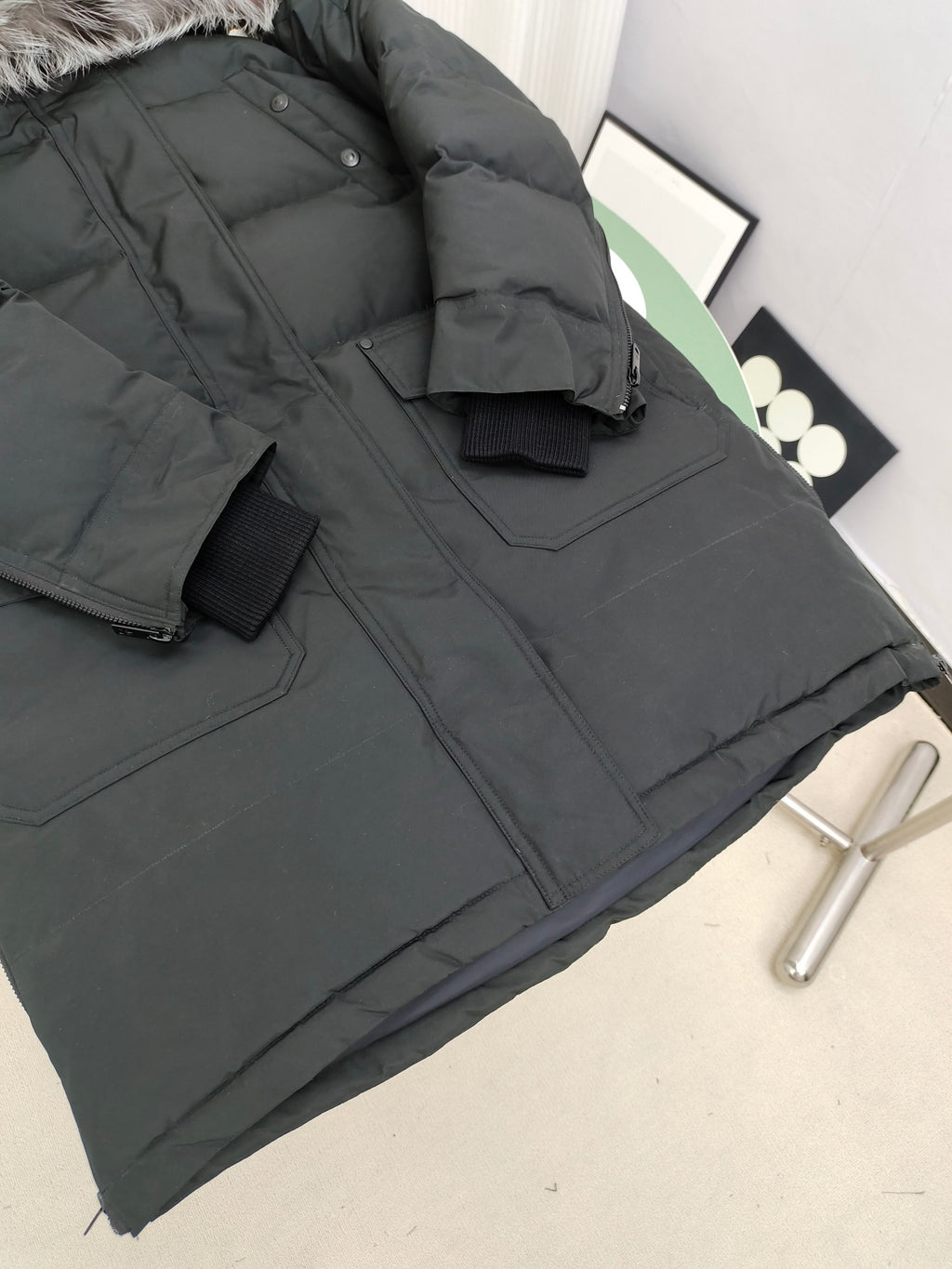 Moose Knuckles Black Long Down Parka with Fur-Trimmed Hood