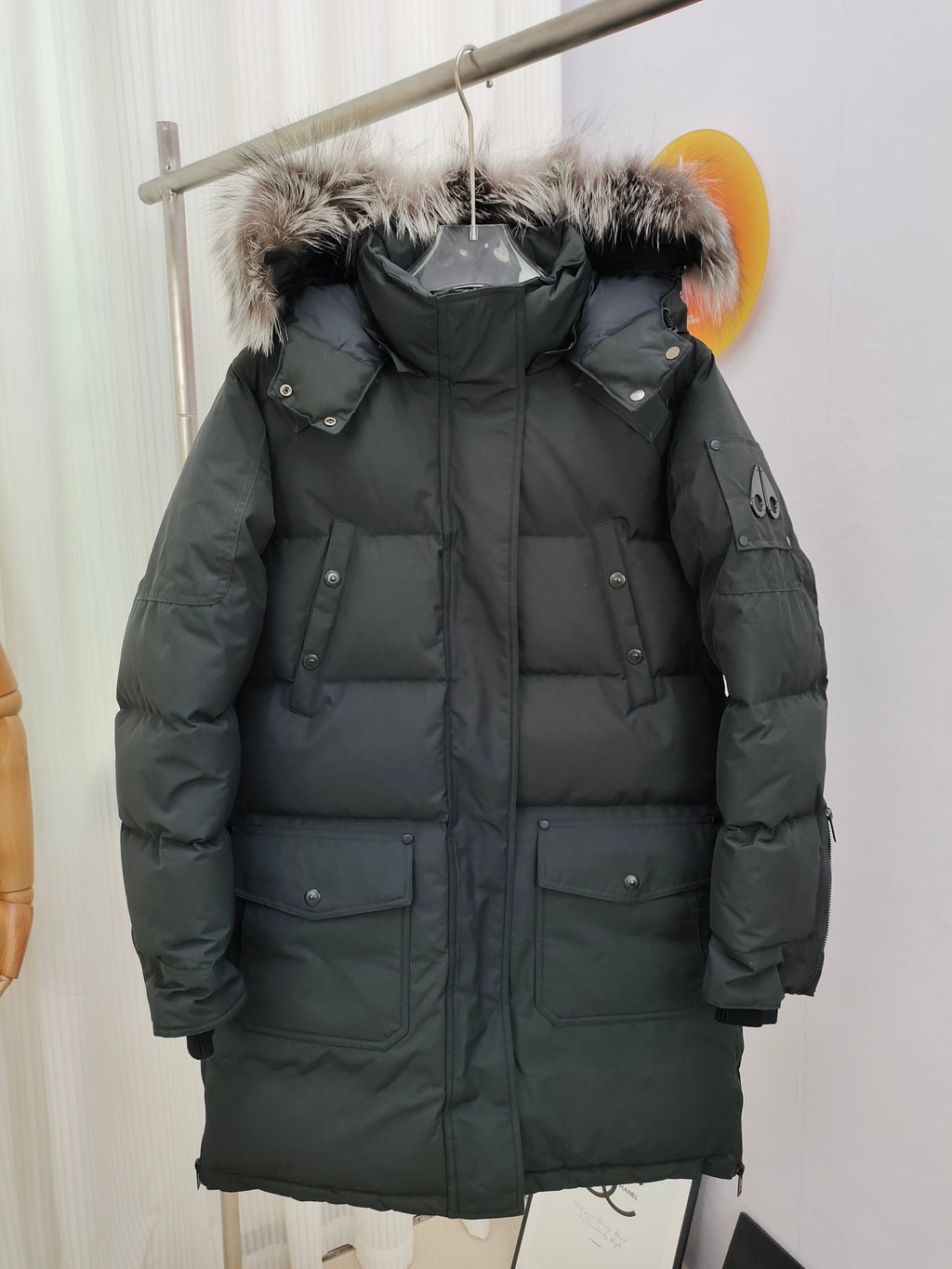 Moose Knuckles Black Long Down Parka with Fur-Trimmed Hood