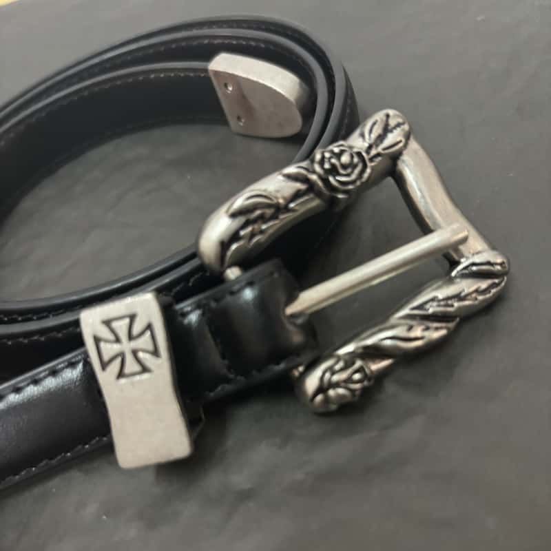 ERD Punk Rose Engraved Cross Vintage Leather Belt Antique Metal Buckle