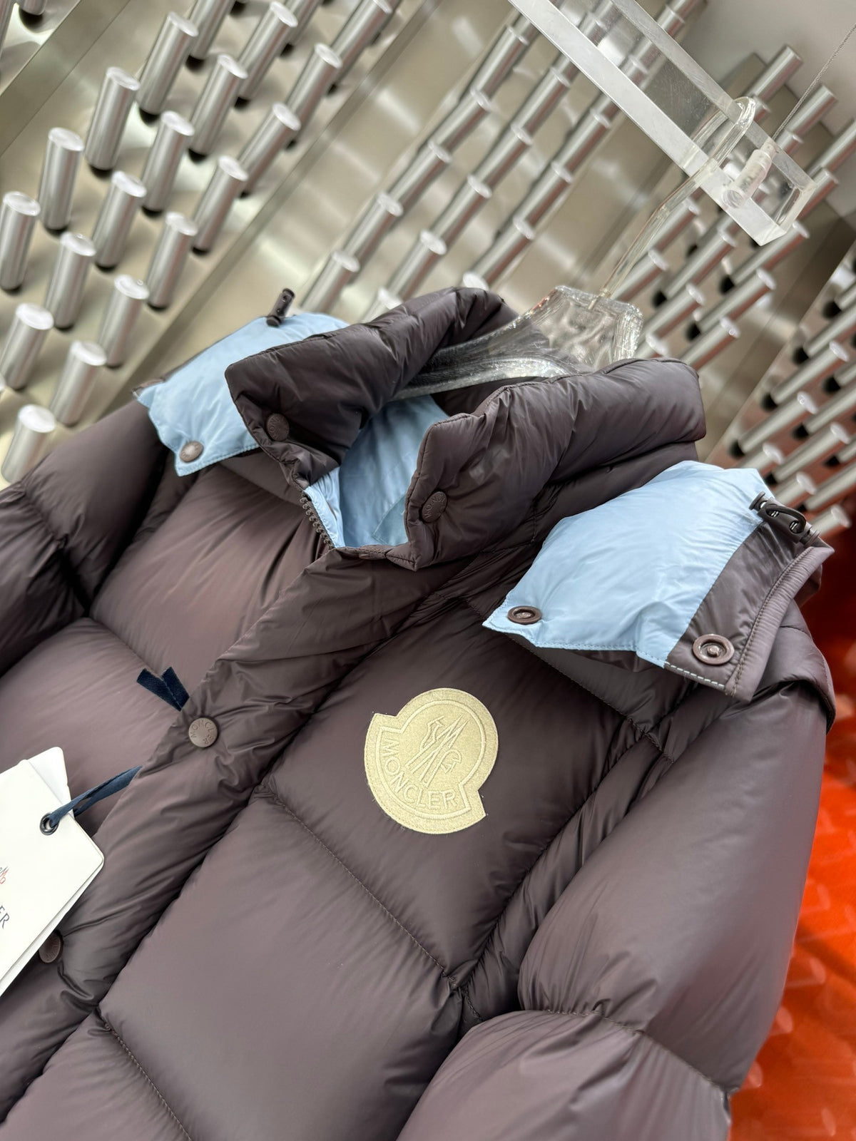 Moncler Dark Brown Down Puffer Jacket with Light Blue Hood