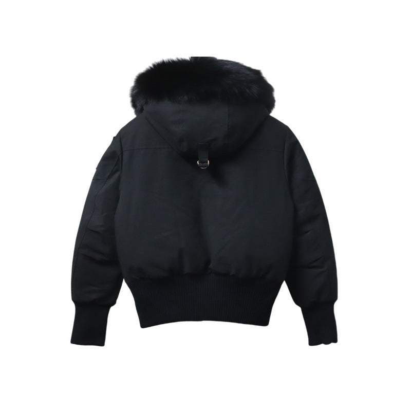 Moose Knuckles Black Fur-Trim Hooded Ballistic Bomber Jacket