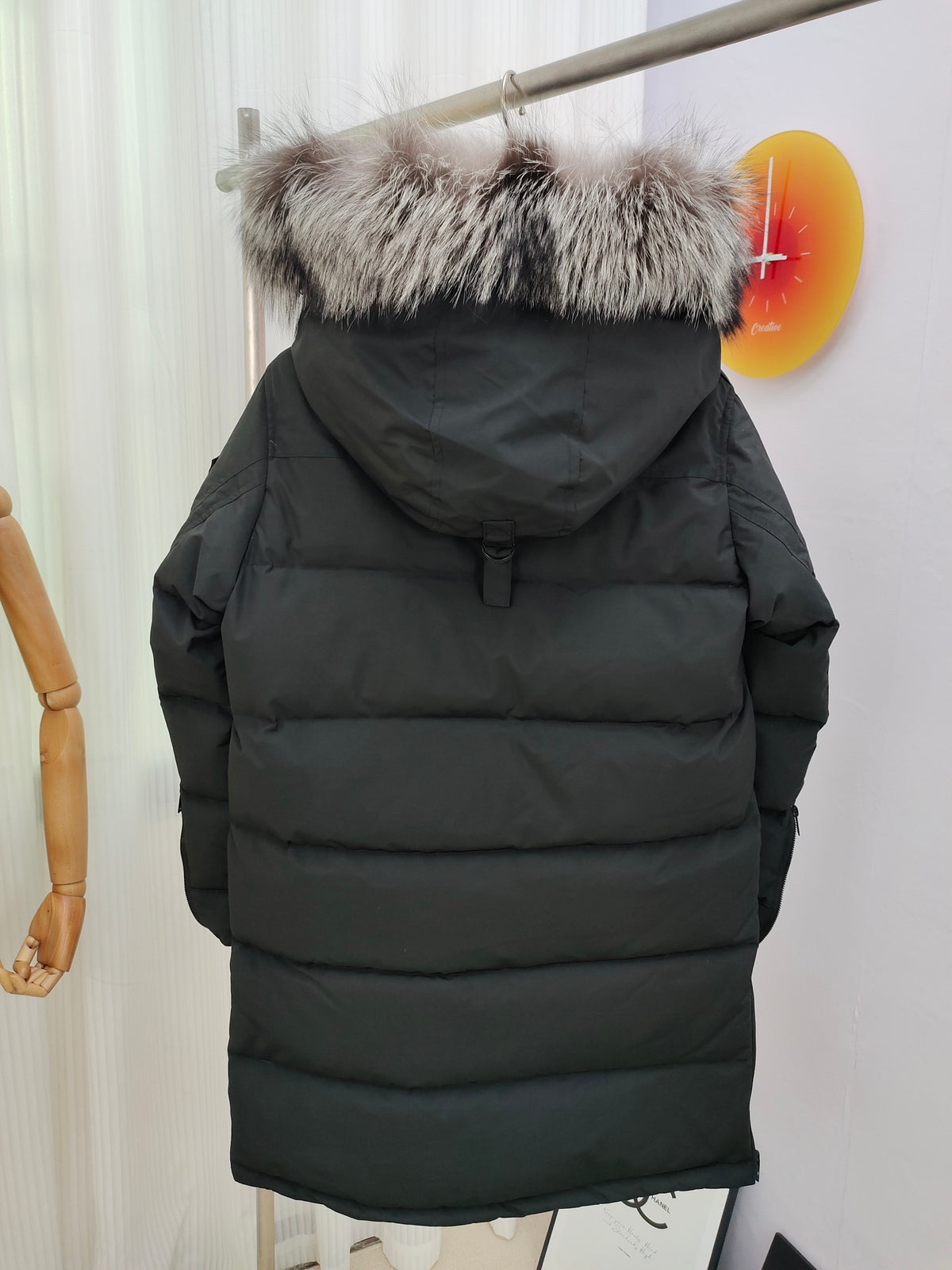 Moose Knuckles Black Long Down Parka with Fur-Trimmed Hood