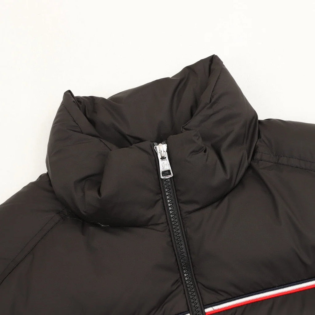 Moncler Black Stand-Collar Puffer Jacket with Contrast Chest Stripe